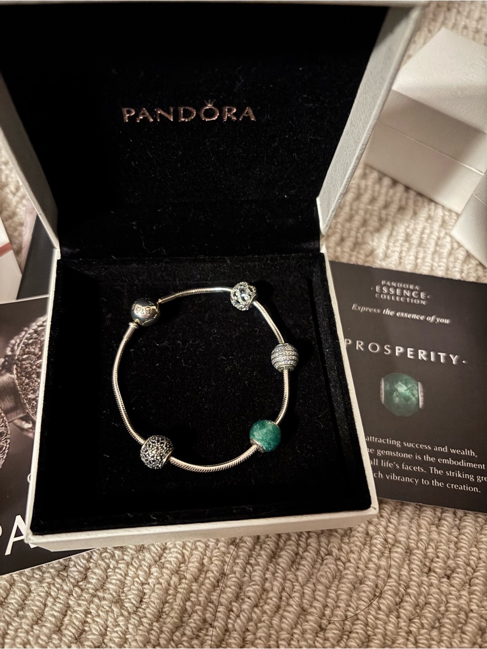 Pandora Essence Snake Bracelet with Four Silver and Aventurine Charms
